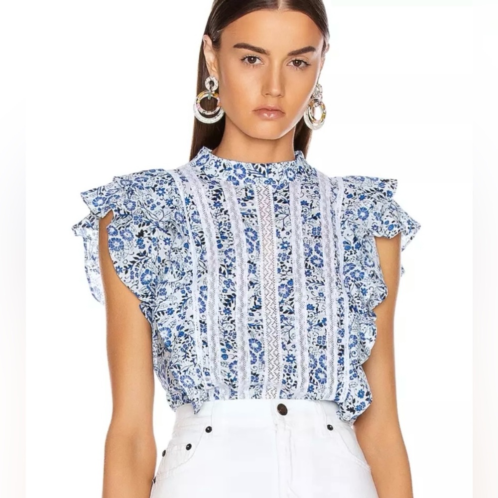Veronica Beard blue and white ruffle blouse, size 8